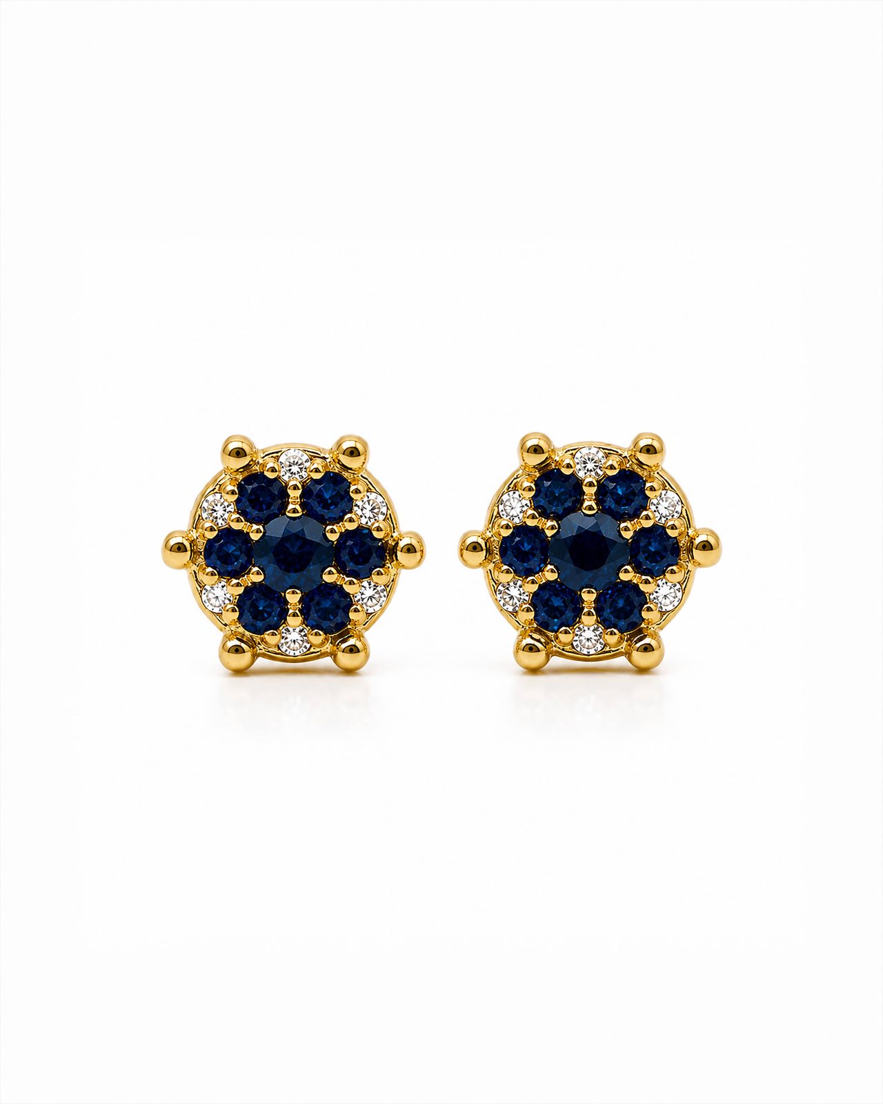 Aretes Copo de Nieve en Oro Amarillo con Zafiros Azules y Diamantes