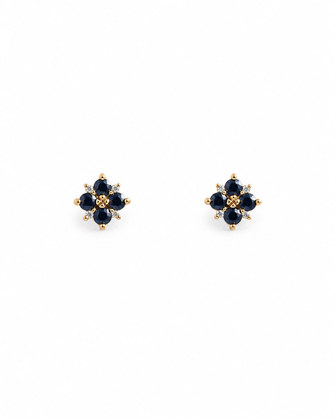 Aretes Trébol Flor en Oro Amarillo con Zafiros Azules y Diamantes