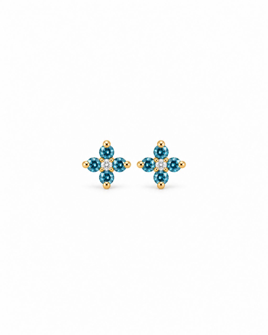 Aretes Trébol en Oro Amarillo con Diamantes Azules